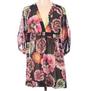 CAbi Gemini Sheer Floral Pink‎ Black Green Orange Tunic Style #400 Size XS